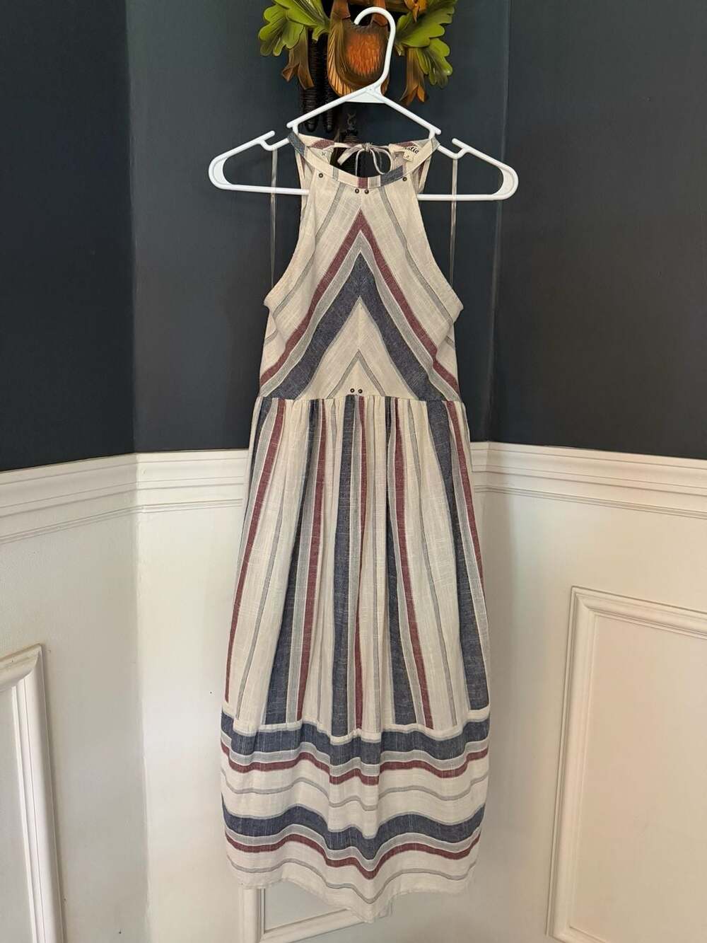 Listicle Striped Red, Beige, Blue Halter Midi Dress with Stud Details-Small